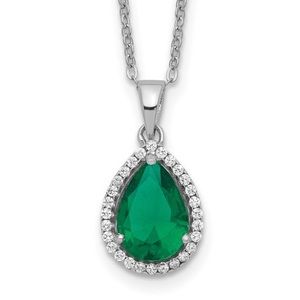 925 Sterling Silver Simulated Emerald & CZ tear Drop Pendant Necklace May